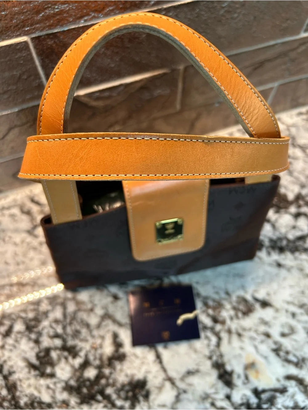 MCM Vintage Mini Tote in Dark Brown with Tan Leather Trim like new
